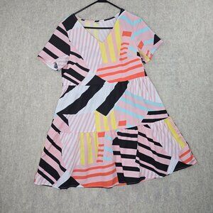 Colorful Geometric Patterned Short Sleeve Dress M